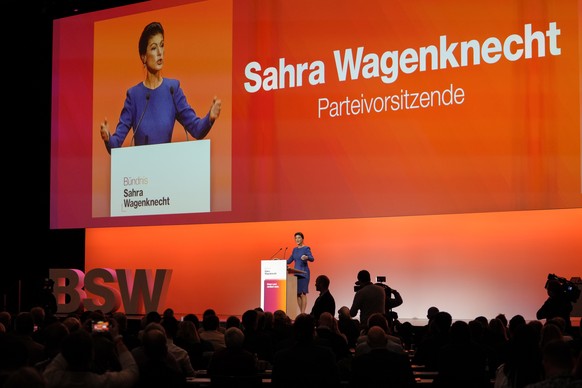 Sahra Wagenknecht, top candidate of the left conservative Sahra Wagenknecht Alliance (BSW), speaks at a party convention prior to the upcoming German federal Bundestag elections, in Bonn, Germany, Sun ...