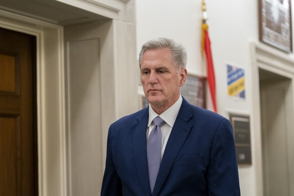 Rep. Kevin McCarthy, R-Calif., walks as Republicans meet to decide who to nominate to be the new House speaker, on Capitol Hill in Washington, Tuesday, Oct. 24, 2023. (AP Photo/Stephanie Scarbrough)