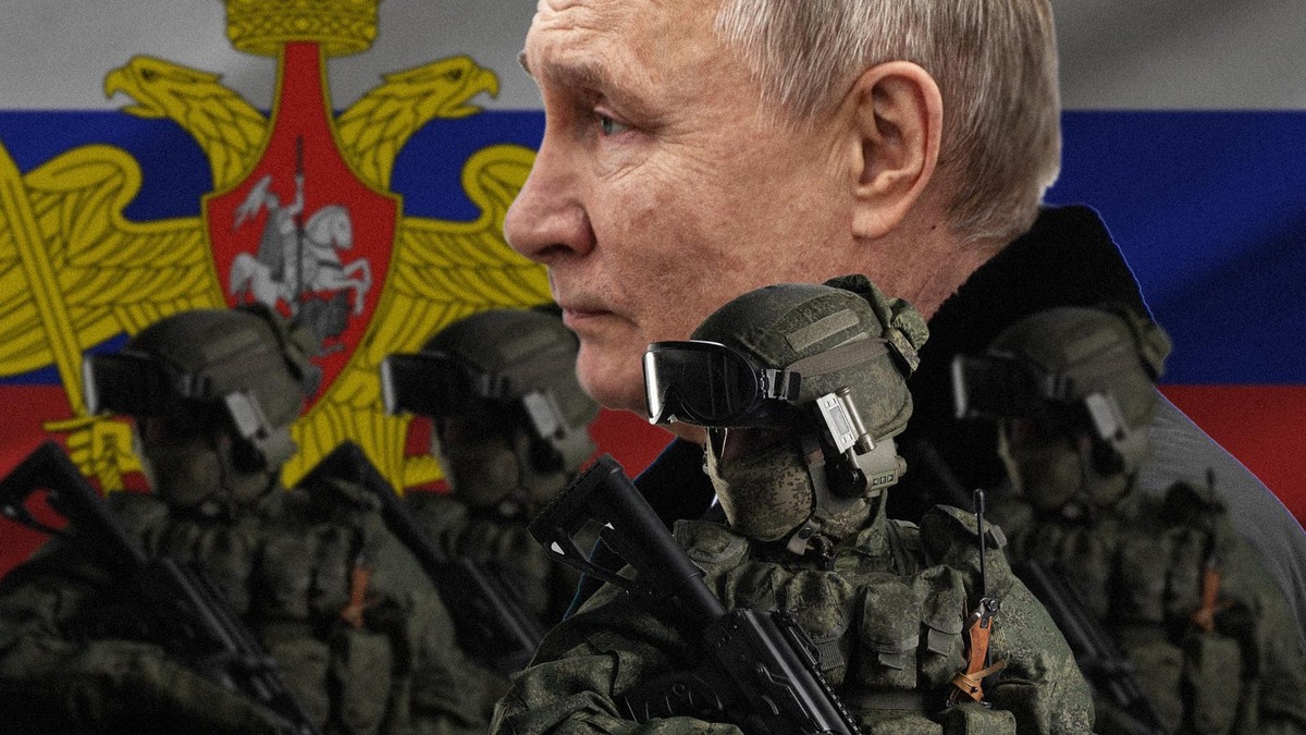 Des soldats, Vladimir Poutine et le drapeau russe.