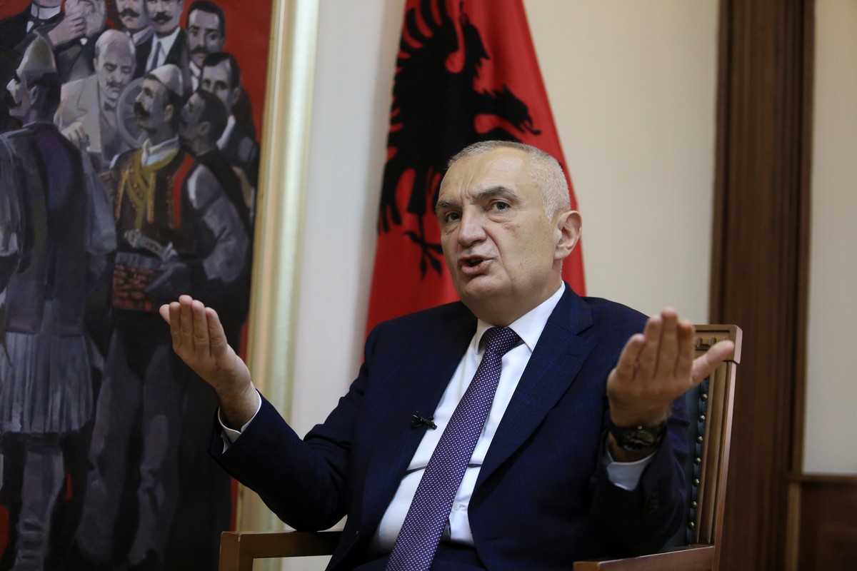 FILE - In this Wednesday, April 21, 2021 file photo, Albanian President Ilir Meta speaks during an interview with the Associated Press in Tirana, Albania. Albania���s president has accused the U.S. am ...