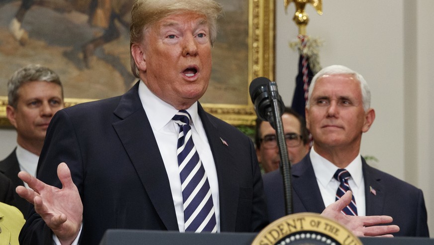 FILE - In this May 24, 2018, file photo, U.S. President Donald Trump speaks during a signing ceremony for the &quot;Economic Growth, Regulatory Relief, and Consumer Protection Act,&quot; in the Roosev ...