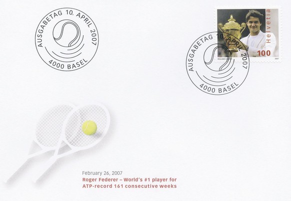 This picture made available by the Swiss Post on Tuesday, April 10, 2007, shows the Roger Federer special issue stamp posted on a envelope. It is the first time ever that a living person has been depi ...