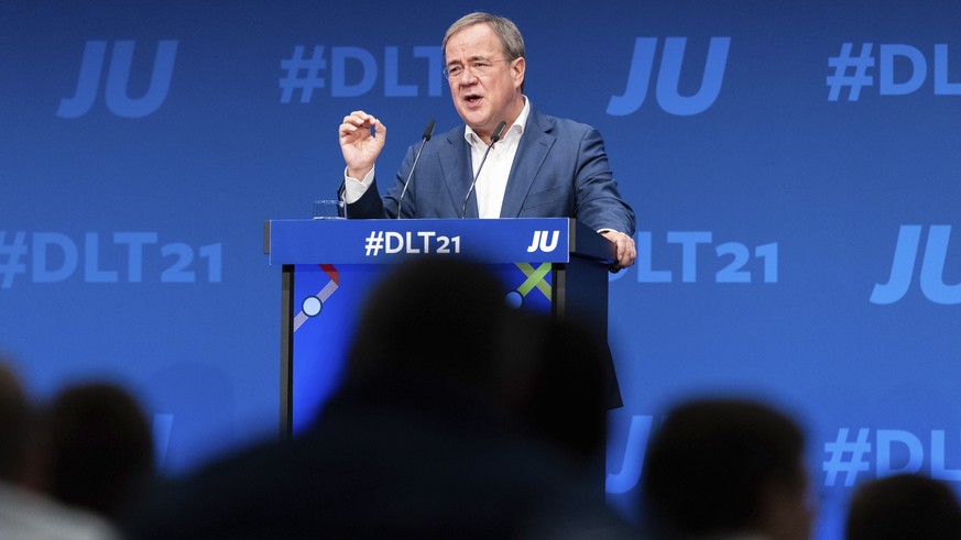 Armin Laschet, CDU Federal Chairman and Minister President of North Rhine-Westphalia, speaks at the &#039;Junge Union&#039;s Germany Day in Muenster, Germany, Saturday, Oct. 16, 2021. The leader of ou ...