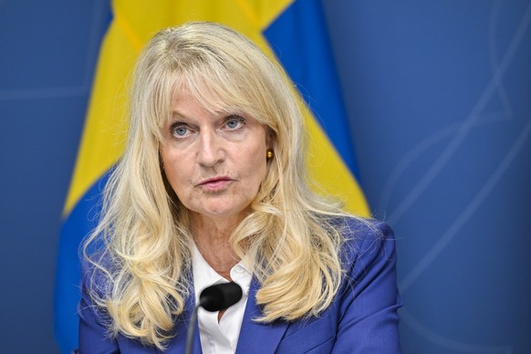 epa10804146 Sweden&#039;s Security Police Chief Charlotte von Essen speaks during a news conference regarding the deteriorating security situation, in Stockholm, Sweden, 17 August 2023. The terror thr ...