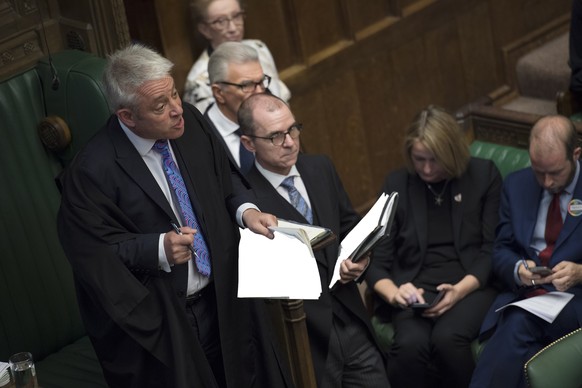 epa07658447 A handout photo made available by the UK Parliament shows Speaker of the House John Bercow (L) during Prime Minister&#039;s Questions (PMQs) at the House of Commons in central London, Brit ...