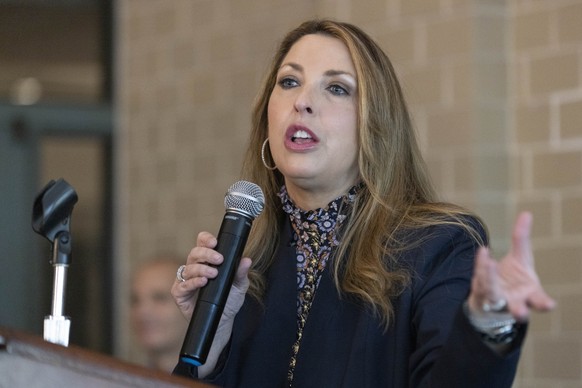FILE - Ronna McDaniel, RNC Chairwoman, speaks at a campaign event for Mehmet Oz, Republican candidate for U.S. Senate in Pennsylvania, in Malvern, Pa., Saturday, Oct. 15, 2022. (AP Photo/Laurence Kest ...