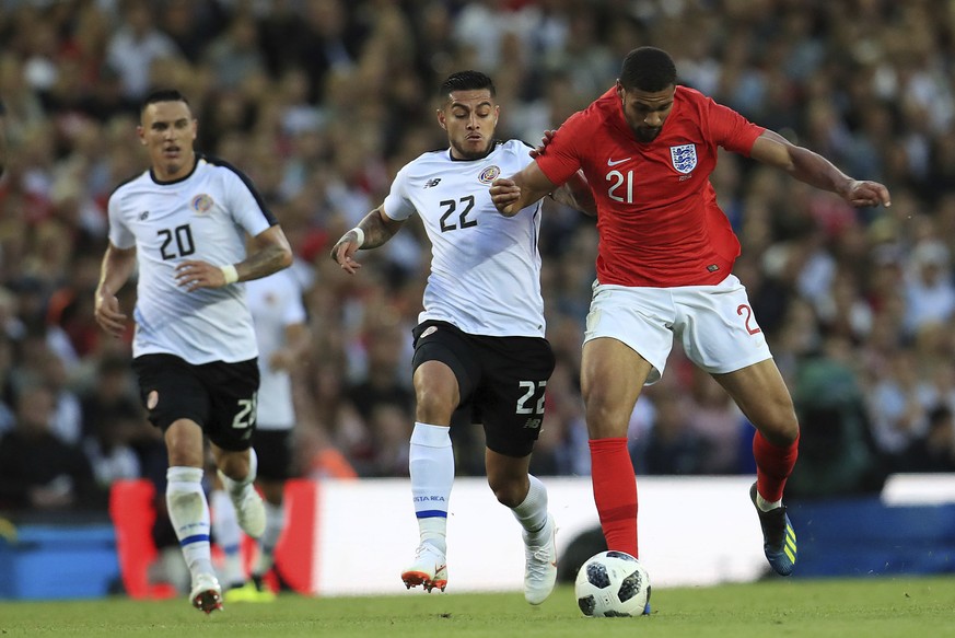 Costa Rica&#039;s Ronald Matarrita and England&#039;s Ruben Loftus-Cheek, right. battle for the ball during their International Friendly soccer match at Elland Road, Leeds, England, Thursday, June 7,  ...