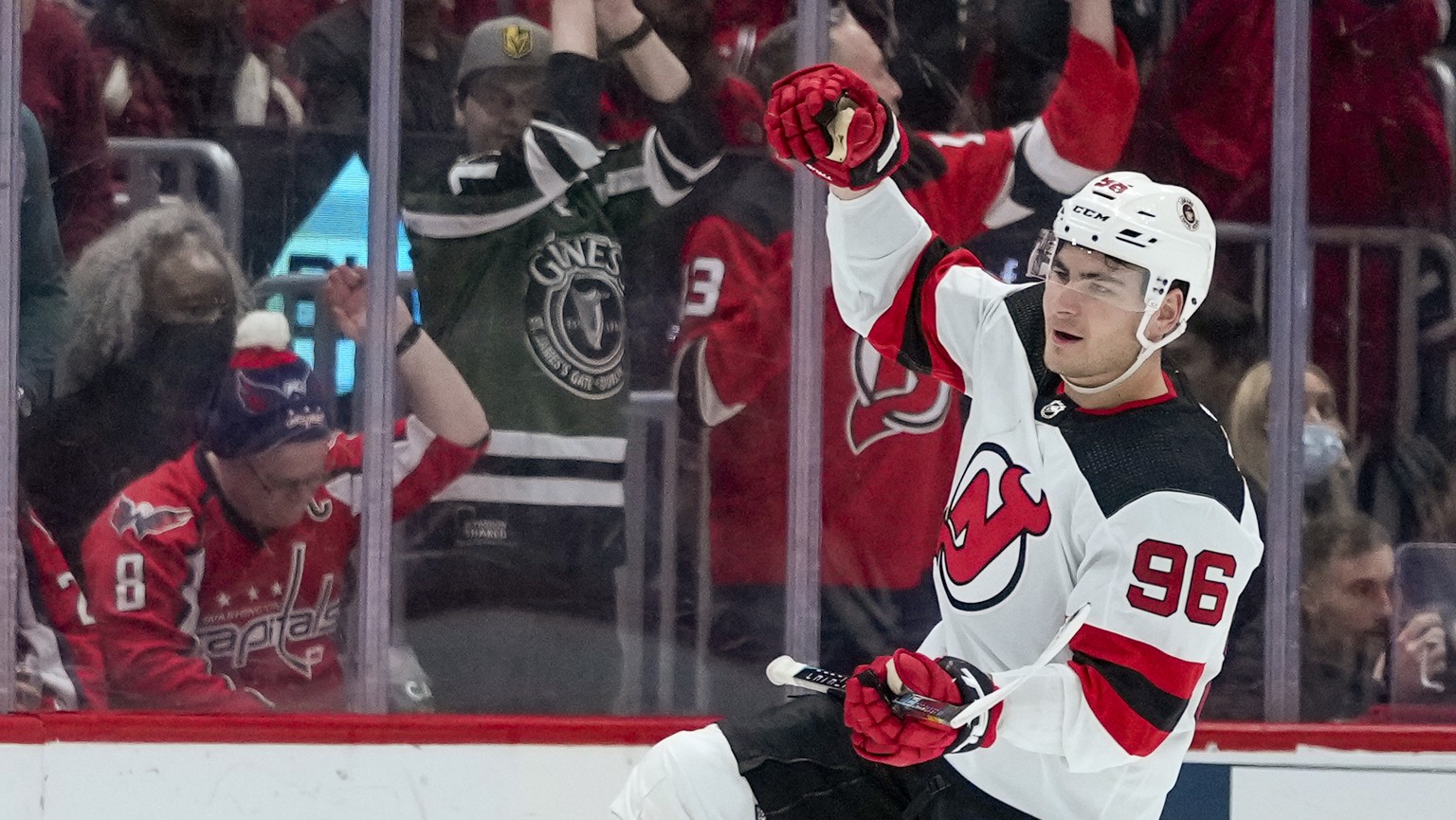 New Jersey Devils right wing Timo Meier celebrates his game-winning goal in the overtime period of an NHL hockey game against the Washington Capitals, Thursday, March 9, 2023, in Washington. The Devil ...