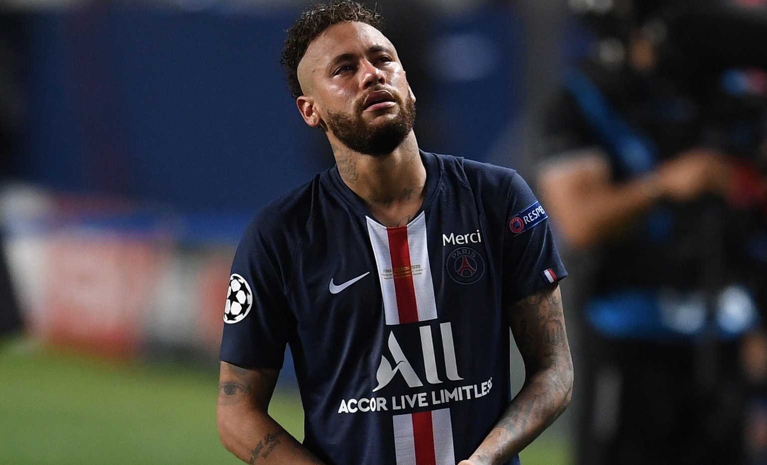 epa08620892 Neymar of PSG after the UEFA Champions League final between Paris Saint-Germain and Bayern Munich in Lisbon, Portugal, 23 August 2020. PSG lost 0-1. EPA/David Ramos / POOL