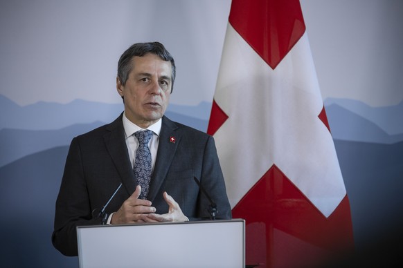 Swiss Minister of Foreign Affairs Ignazio Cassis speaks during a press conference during a visit of Italian Minister of Foreign Affairs Enzo Moavero Milanesi to Switzerland, on Monday, January 14, 201 ...