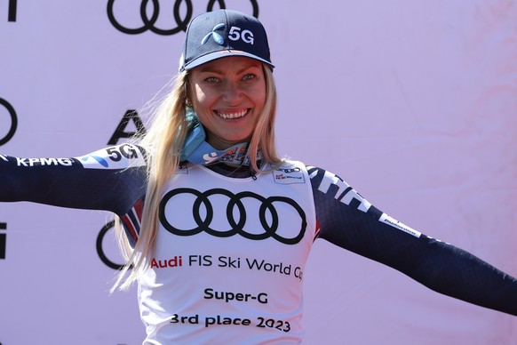 Norway&#039;s Ragnhild Mowinckel celebrates on the podium after taking third place in an alpine ski, women&#039;s World Cup super-g race, in Soldeu, Andorra, Thursday, March 16, 2023. (AP Photo/Alessa ...