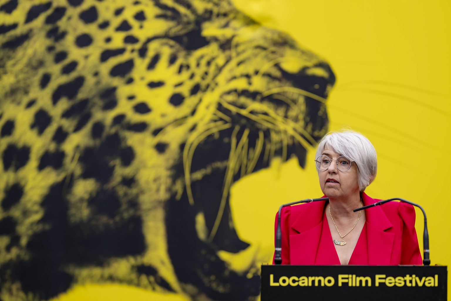 epa11534404 Swiss Federal Councillor Elisabeth Baume-Schneider speaks during the official opening at the 77th Locarno International Film Festival, in Locarno, Switzerland, 07 August 2024. The festival ...