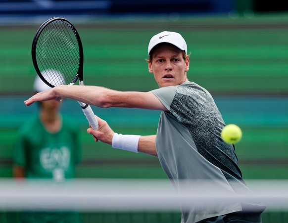 epa11651839 Jannik Sinner of Italy in action against Daniil Medvedev of Russia during their Men&#039;s Singles quarter-finals tennis match at the Shanghai Masters tennis tournament in Shanghai, China, ...