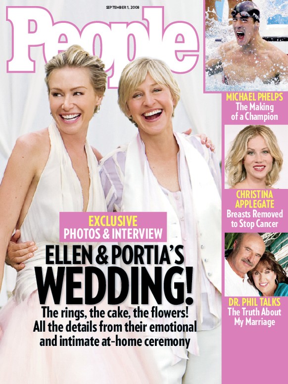 FILE - In this image released by &quot;People&quot; magazine, Ellen DeGeneres and Portia de Rossi are shown on the cover issue of &quot;People.&quot; The pair gave People an exclusive interview and ph ...