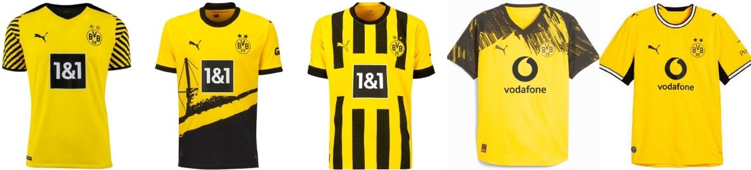 Einige Heimtrikots von Borussia Dortmund in den vergangenen Jahren, ganz rechts Saison 2026/27