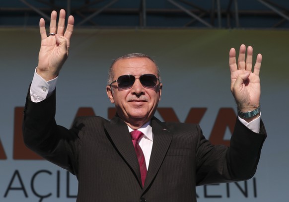 Turkey&#039;s President Recep Tayyip Erdogan salutes supporters during a rally in Malatya, Turkey, Sunday, Sept. 8, 2019. Turkish and U.S. troops conducted their first joint ground patrol in northeast ...