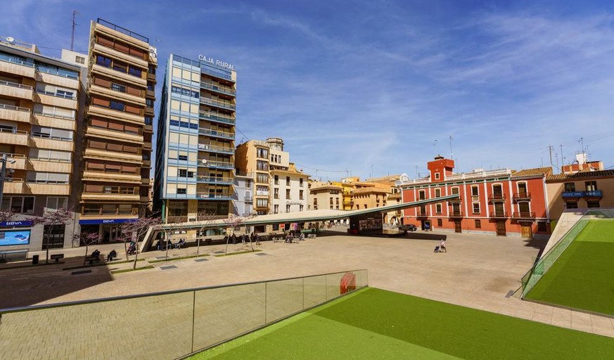 Villarreal, Spain. March 22, 2021. Panoramic view of the Plaça Major (Main Square) of Villarreal in Spain.