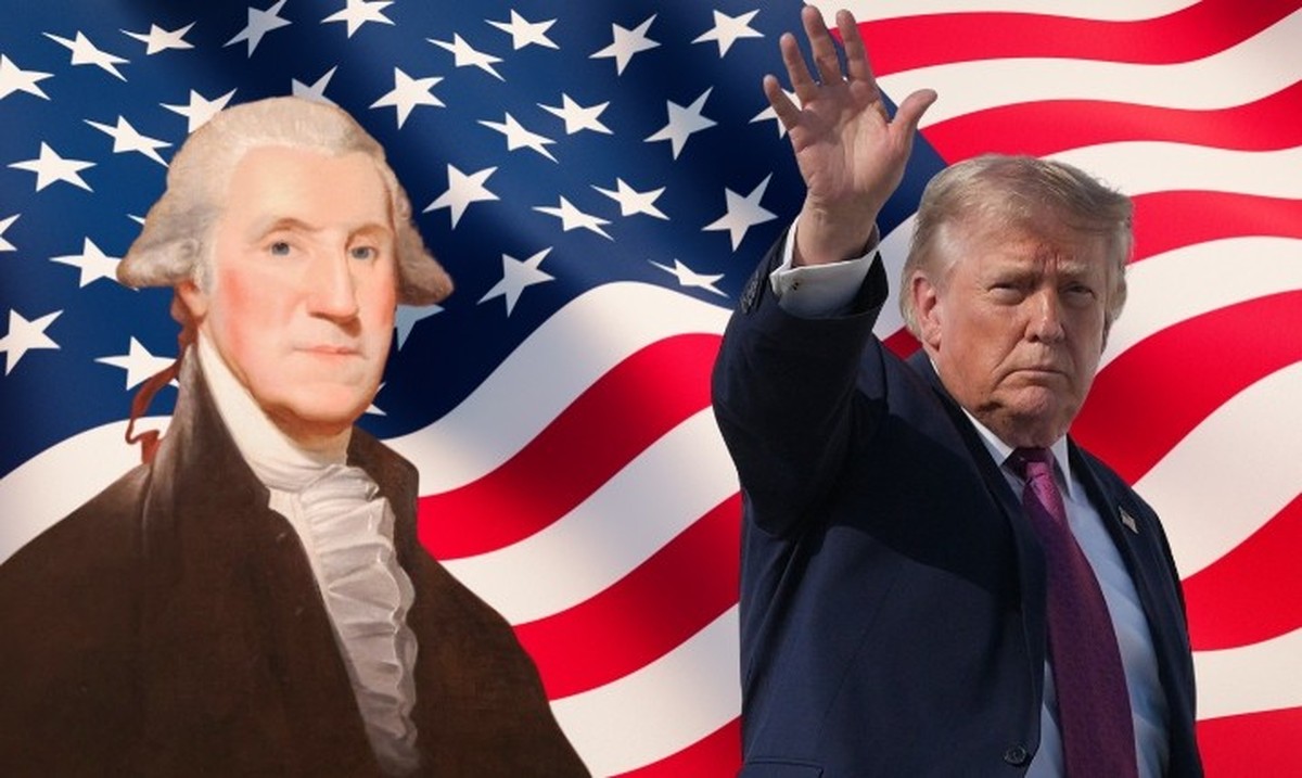 George Washington und Donald Trump vor US-Flagge