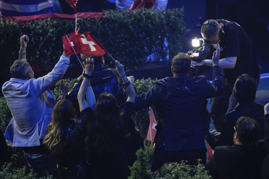 Marius Bear from Switzerland celebrates qualifying for the final at the Eurovision Song Contest in Turin, Italy, Tuesday, May 10, 2022. (AP Photo/Luca Bruno)
Marius Bear