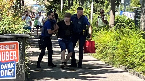 Zwei Polizisten verhaften Raphael M. am Unteren Rheinweg in Basel.