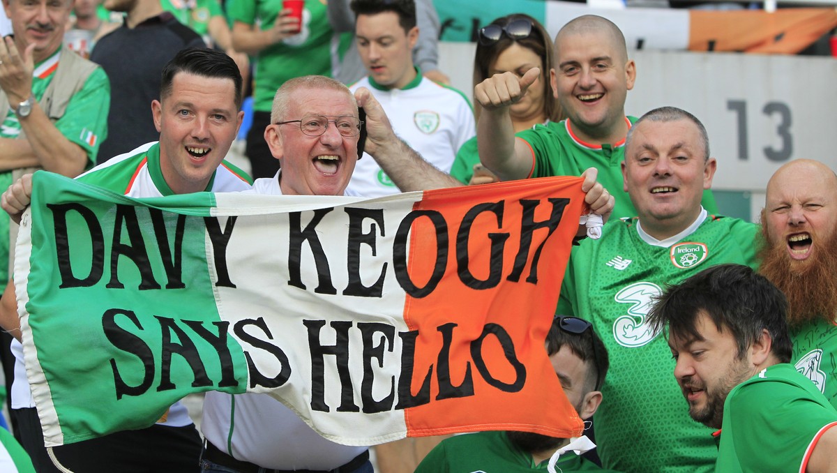 Ireland's fans react during the Euro 2020 group D qualifying soccer match between Georgia and Ireland at Boris Paichadze Erovnuli stadium in Tbilisi, Georgia, Saturday, Oct. 12, 2019. (AP Photo/S ...