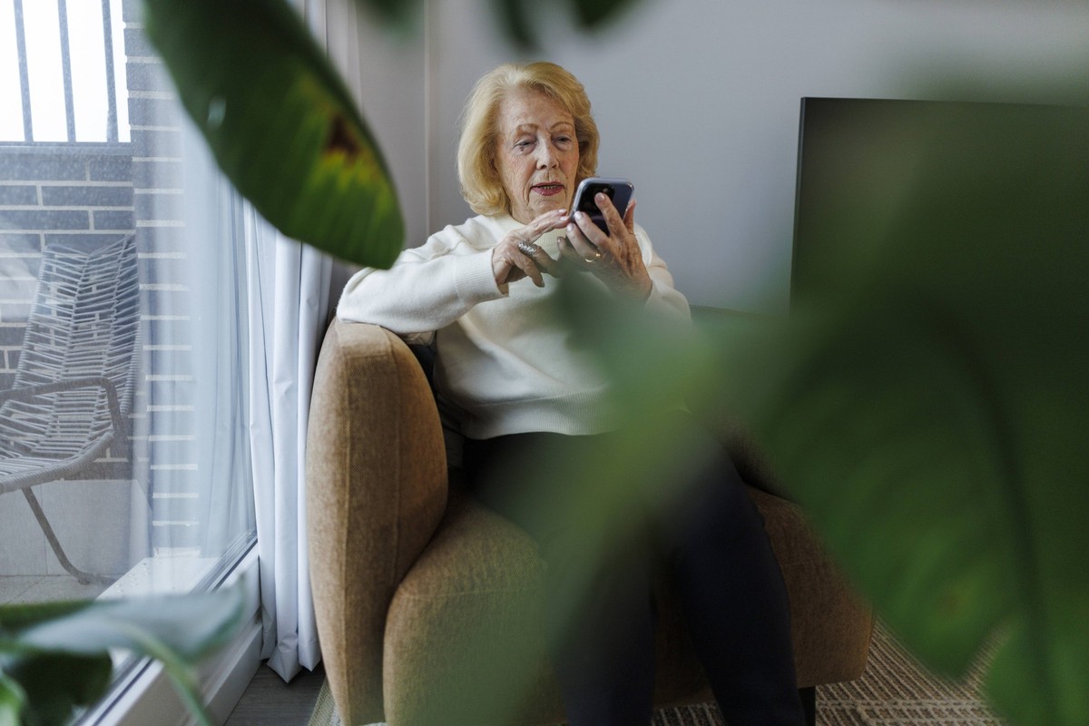 Senior sitting in armchair using phone in cozy living room with plants model released, Symbolfoto property released, JCCMF14609