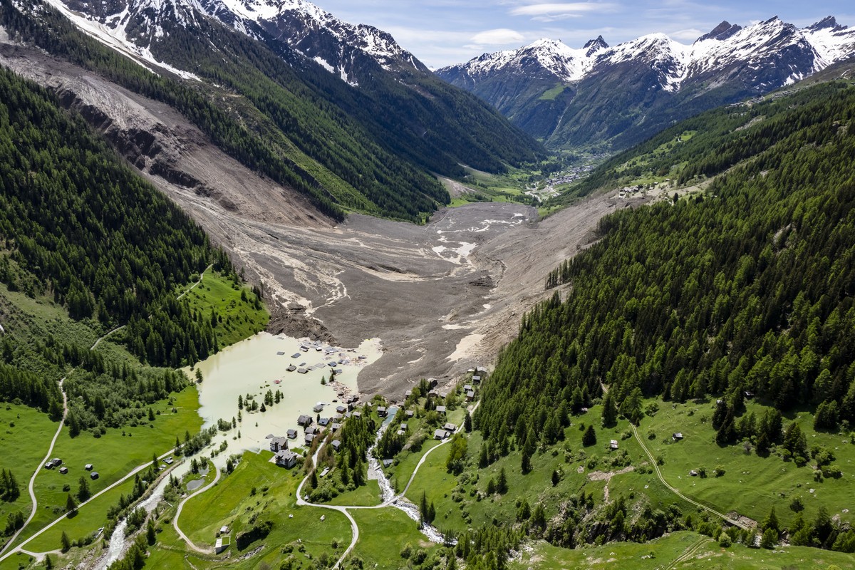 KEYPIX - A aerial view captured one day after a massive avalanche, triggered by the collapse of the Birch Glacier, shows the destruction it caused as it swept down to the valley floor and demolishing  ...