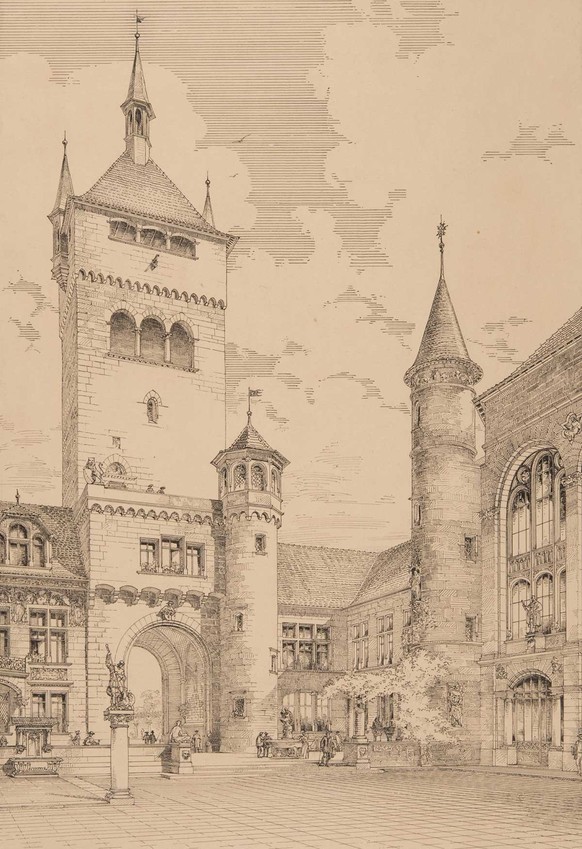 Die Tuschfederzeichnung zeigt den Museumshof mit Blick auf den Torturm. Das Bild war Teil der Bewerbung für den Zürcher Museumssitz.
https://permalink.nationalmuseum.ch/100126252