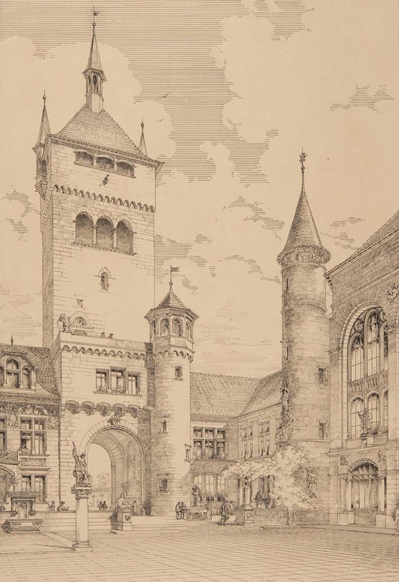 The pen drawing shows the courtyard of the museum with a view of the gate tower.  The photo was part of the application for the museum's headquarters in Zurich.  https://permalink.nationalmuseum.ch/100126252