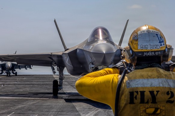 This image provided by U.S. Central Command shows a F-35C Lightning II preparing for launch on the flight deck of the USS Abraham Lincoln (CVN 72) in support of Operation Epic Fury on Monday, March 2, ...