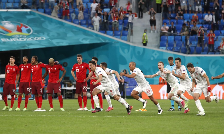 Spain players celebrates after the Euro 2020 soccer championship quarterfinal match between Switzerland and Spain, at the Saint Petersburg stadium in Saint Petersburg, Friday, July 2, 2021. (Maxim She ...