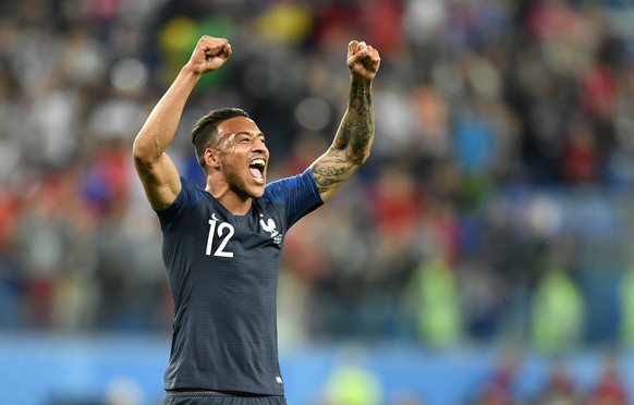 France&#039;s Corentin Tolisso celebrates after his team advanced to the final after the semifinal match between France and Belgium at the 2018 soccer World Cup in the St. Petersburg Stadium in St. Pe ...
