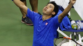 Kei Nishikori, of Japan, reacts after defeating Andy Murray, of the United Kingdom, during the quarterfinals of the U.S. Open tennis tournament, Wednesday, Sept. 7, 2016, in New York. (AP Photo/Kathy  ...