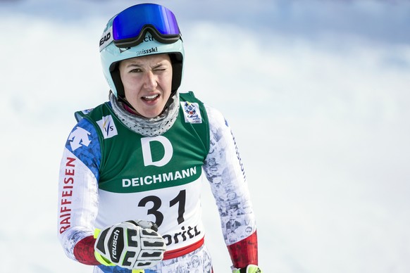 epa05780308 Wendy Holdener of Switzerland reacts in the finish area during the women&#039;s Downhill training at the 2017 FIS Alpine Skiing World Championships in St. Moritz, Switzerland, 09 February  ...