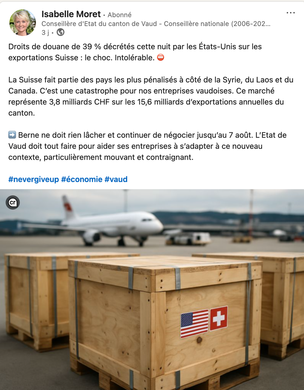 Le post d'Isabelle Moret sur son compte Linkedin.