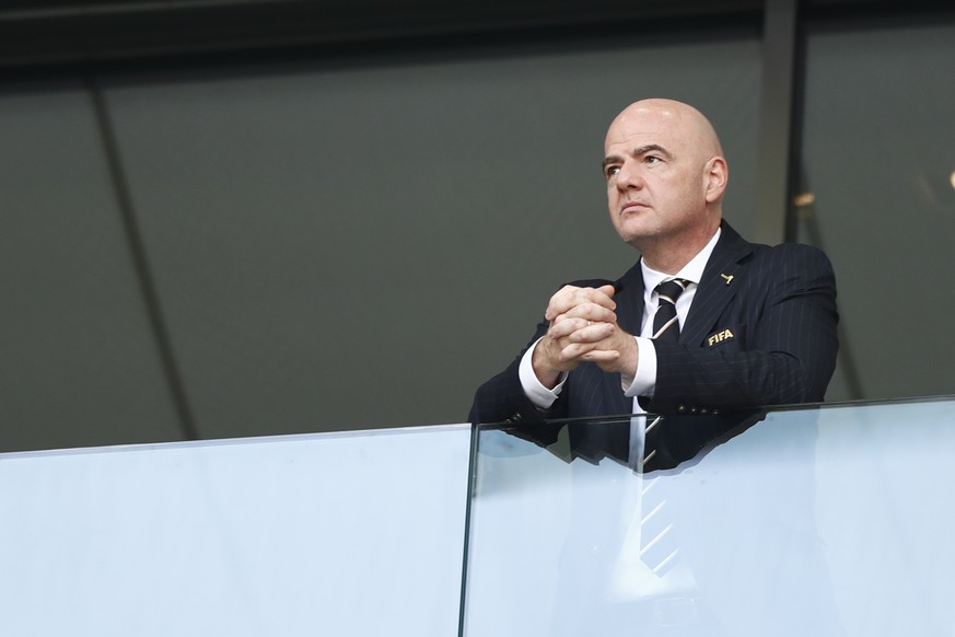 FIFA President Gianni Infantino attends the group G match between Belgium and Tunisia at the 2018 soccer World Cup in the Spartak Stadium in Moscow, Russia, Saturday, June 23, 2018. (AP Photo/Matthias ...