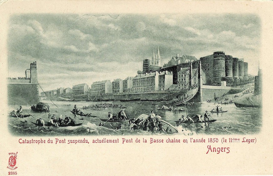 Eingestürzte Hängebrücke von Angers, Frankreich , 16. April 1850