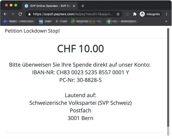 Spenden werden ans SVP-Konto überwiesen.