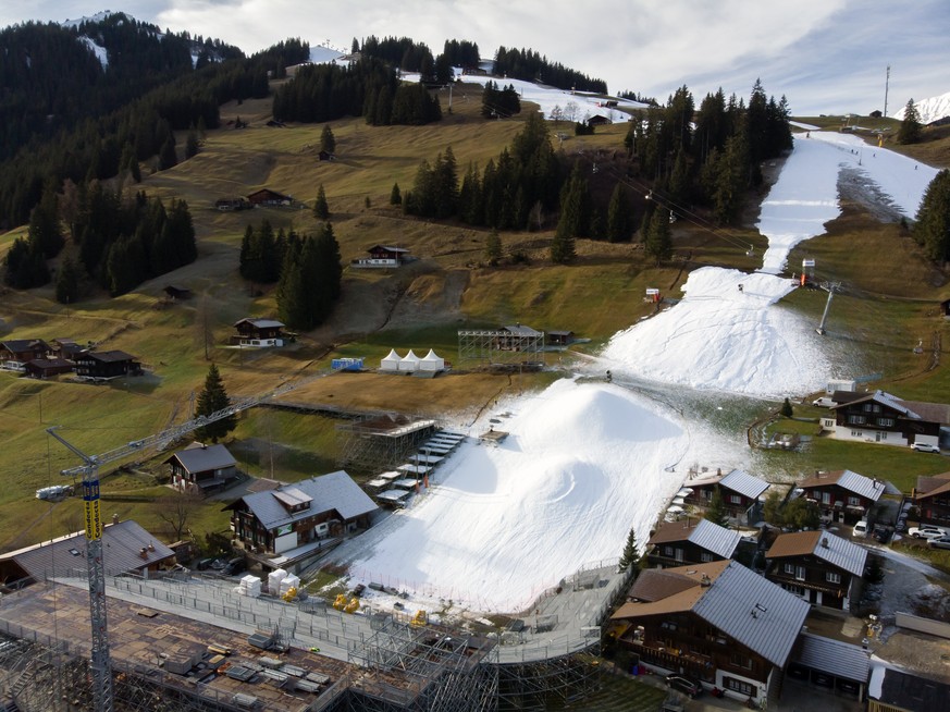 General view of the final slope before the finish area covered with artificial snow, of the Alpine Skiing FIS Ski World Cup, at Adelboden, Switzerland, Wednesday, December 28, 2022. The alpine skiing ...