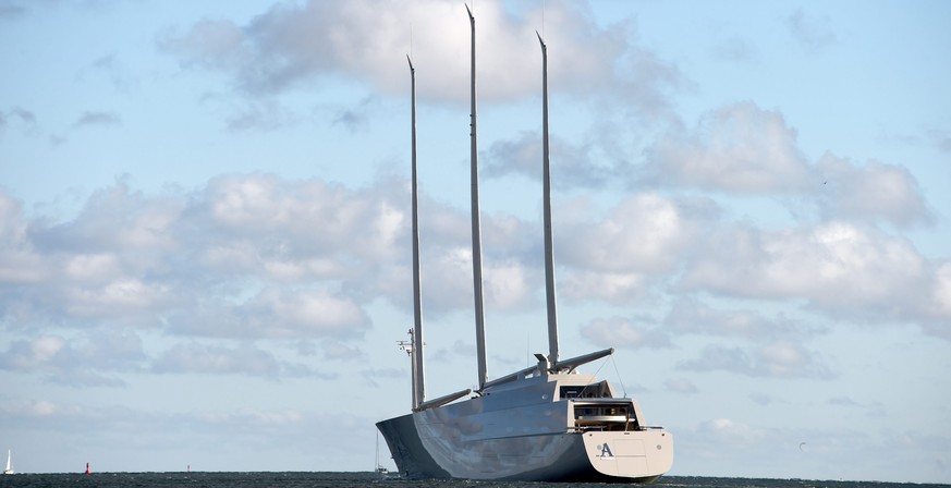 epa05569127 The 143-metre-long &#039;Sailing Yacht A&#039;, during a test run in Kiel, Germany, 04 October 2016. &#039;Sailing Yacht A&#039; was built for billionaire Melnichenko at the German Naval Y ...