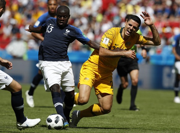 France&#039;s Ngolo Kante, left, vies for the ball with Australia&#039;s Tom Rogic during the group C match between France and Australia at the 2018 soccer World Cup in the Kazan Arena in Kazan, Russi ...
