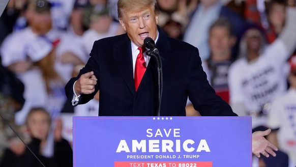 epa09717407 Former US president Donald Trump speaks at a Save America Rally, held outdoors at the Montgomery County Fairgrounds in Conroe, Texas, USA, 29 January 2022. Trump has been holding rallies a ...