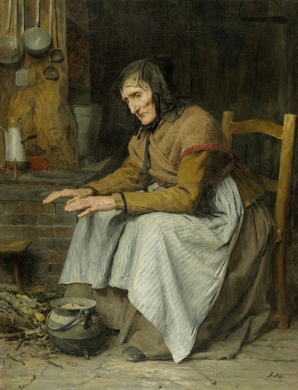 «Hohes Alter II (alte Frau sich aufwärmend)», gemalt vom Berner Maler Albert Anker, um 1885.
https://commons.wikimedia.org/wiki/File:Albert_Anker_Hohes_Alter_II.jpg