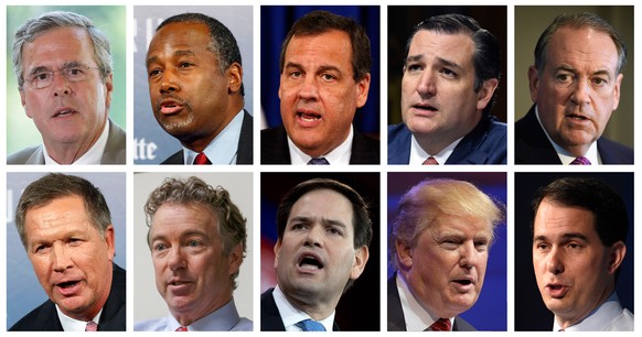 Die zehn Prime-Time-Republikaner von links oben nach rechts unten: Jeb Bush, Ben Carson, Chris Christie, Ted Cruz, Mike Huckabee, John Kasich, Rand Paul, Marco Rubio, Donald Trump und Scott Walker.