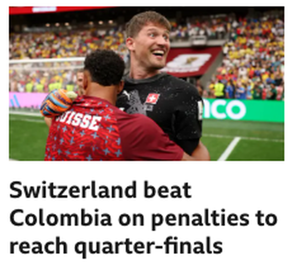 «Die Schweiz besiegte Kolumbien im Penaltyschiessen und zieht ins Viertelfinal ein»