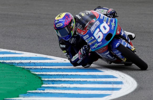 epa09170084 Swiss Moto3 rider Jason Dupasquier of CarXpert PruestelGP Team in action during the first free practice session for the Motorcycling Grand Prix of Spain held at Jerez racetrack, southern S ...