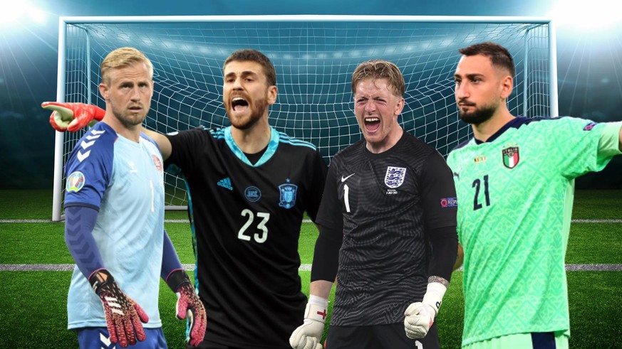 Um diese Goalies geht es in den Halbfinals: Kasper Schmeichel, Unai Simon, Jordan Pickford und Gianluigi Donnarumma (v.l.).