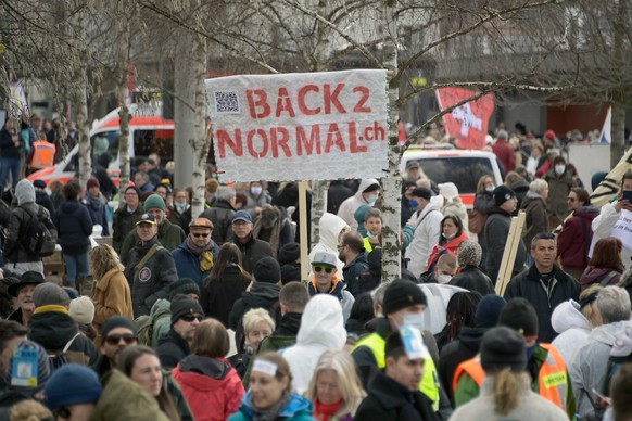 Anhaenger des Vereins Stiller Protest bei einer Demonstration gegen die Massnahmen zur Eindaemmung des Coronavirus in Liestal, am Samstag, 20. Maerz 2021. (KEYSTONE/Georgios Kefalas)