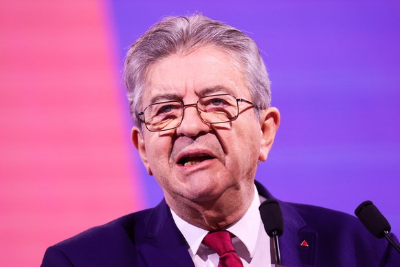epa12544413 La France Insoumise (LFI) party leader Jean-Luc Melenchon gives a speech at the La France Insoumise convention for the 2026 municipal elections in Aubervilliers, a Paris suburb, France, 23 ...