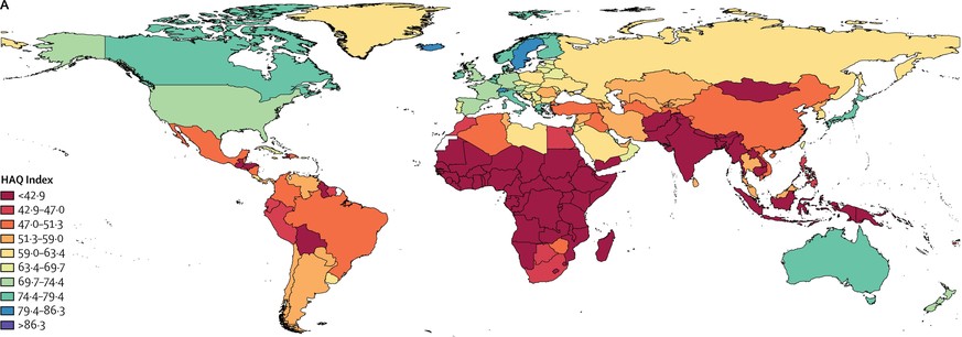 Karte Gesundheitswesen weltweit, HAQ-Index 1990